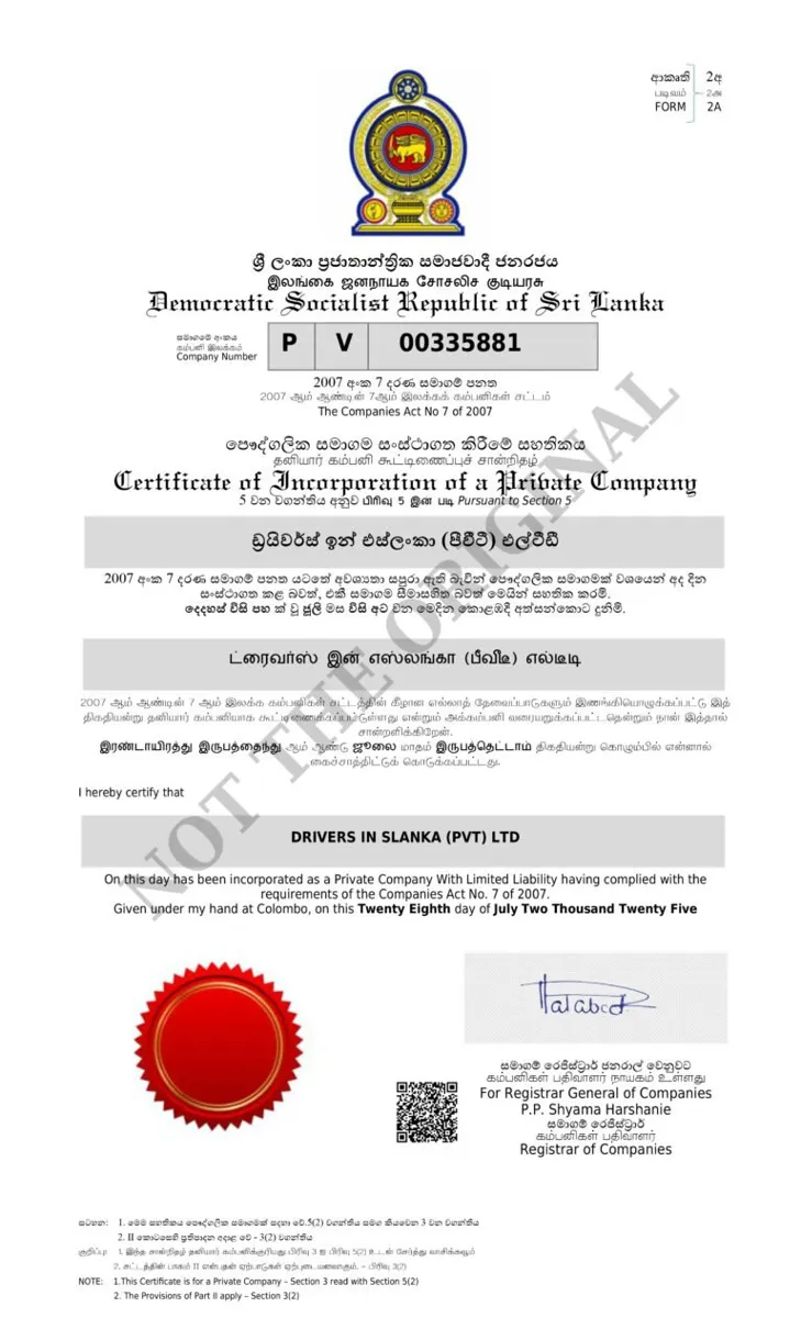 Certificate of incorporation for Drivers in Slanka (Pvt) Ltd